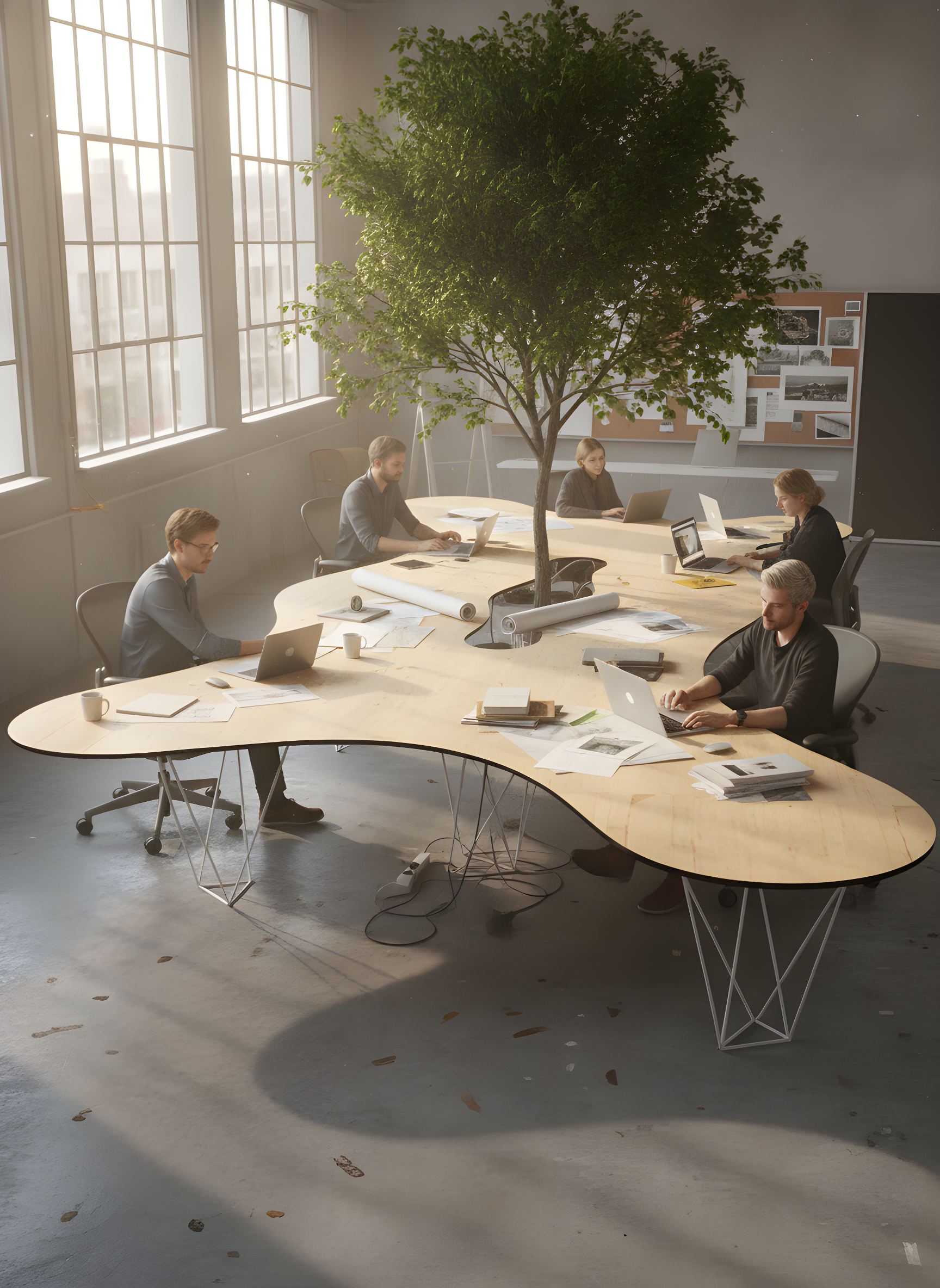 Reunión en una oficina con una mesa en forma de espiral, un árbol en el centro y seis personas trabajando en laptops, con luz natural entrando por ventanas grandes.