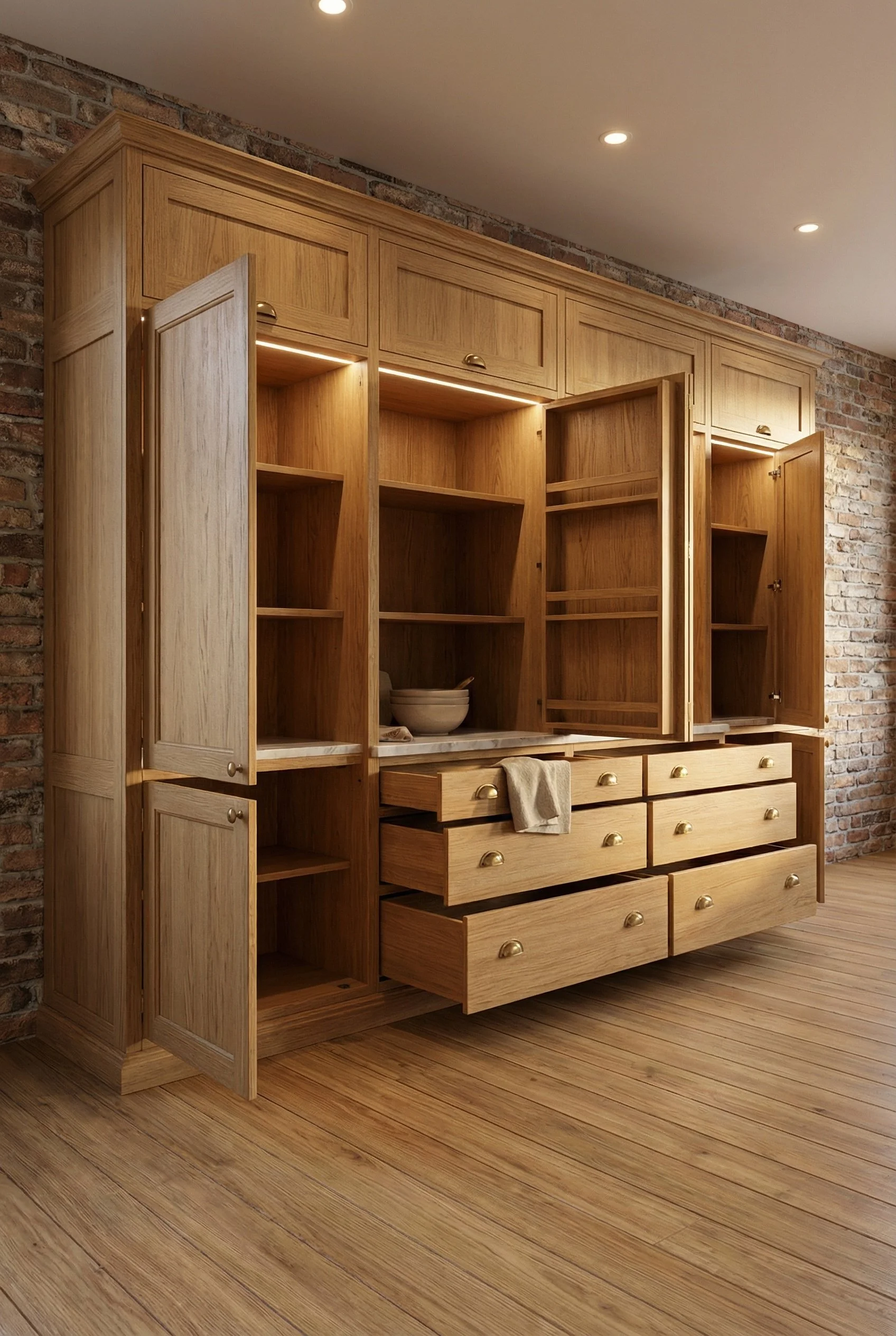 Armario de madera con puertas abiertas y cajones, ubicado en una pared de ladrillos expuestos en una habitación con piso de madera