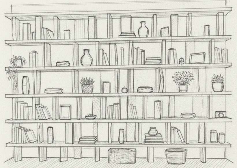 Diseño de muebles paramétricos con estantería modular de estructura visible, pensada para adaptarse a distintas medidas y usos