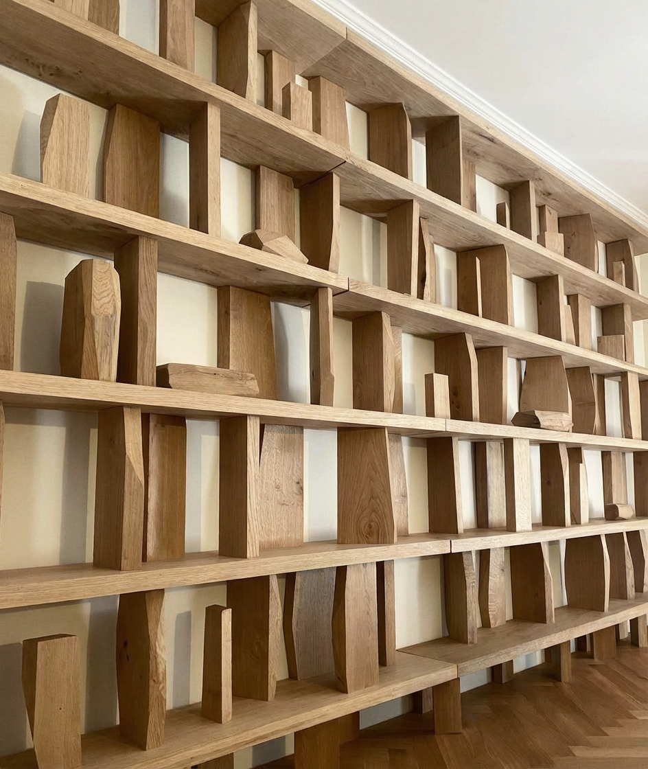 Librería para salón a medida con módulos abiertos y cerrados en un proyecto de interiorismo contemporáneo.
