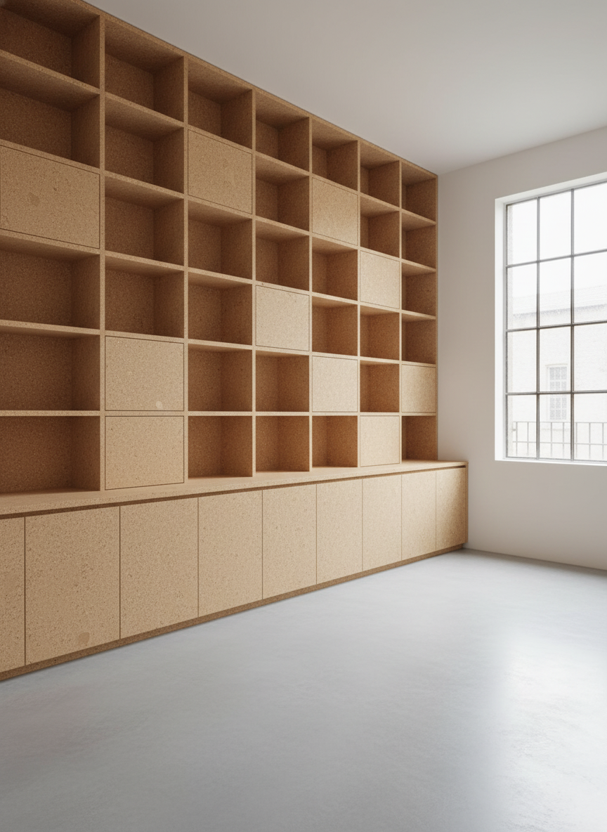 Estantería de madera con cubículos vacíos en una habitación con ventana grande.