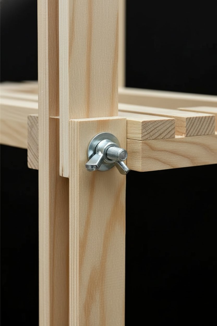 Detalle de una estructura de madera unida con una perilla de tornillo y tuerca metálica