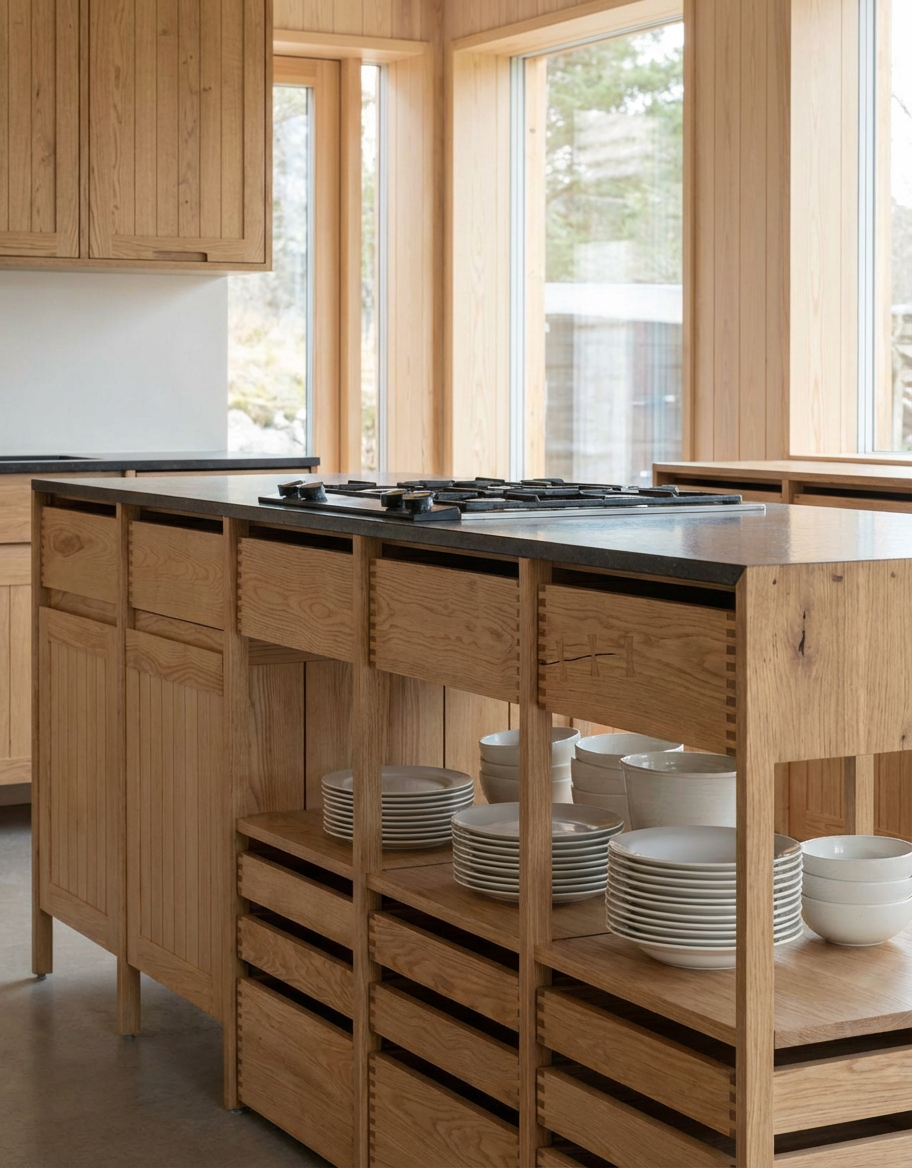 Cocina moderna de madera con estantes abiertos, platos y tazones blancos, encimera con estufa de gas y ventanas grandes que dejan entrar luz natural.