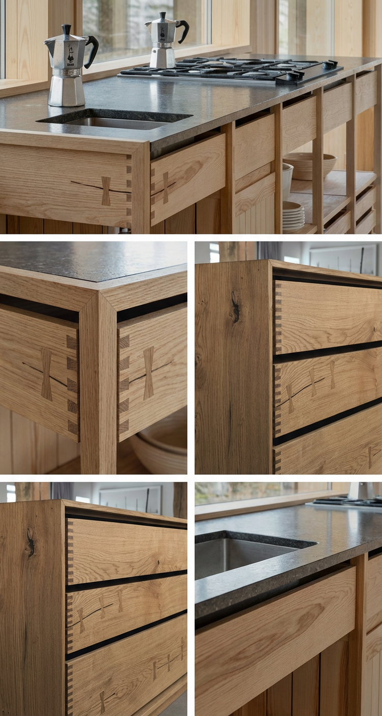 Una cocina de madera con encimera de granito, estufa de gas y dos molinillos de café en la encimera.