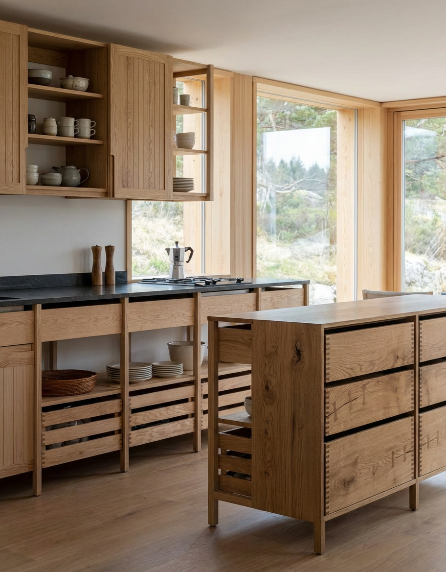 Cocina moderna con gabinetes de madera clara, estantes abiertos con vajilla, vento grande con vista a un paisaje natural, y superficie de trabajo con cafetera y saleros.