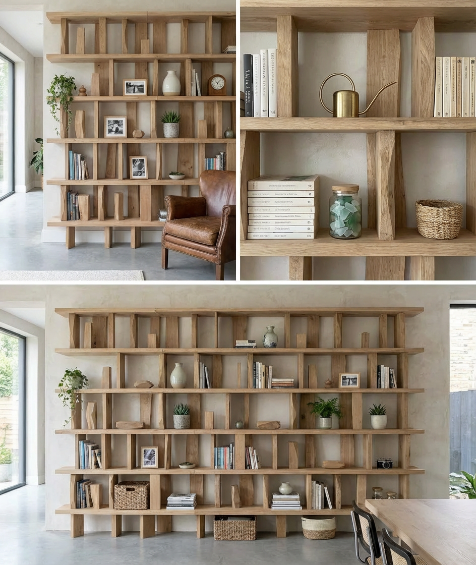 Estantería de madera con libros, plantas, adornos y fotos. Muestra una sala con ventana y un sillón de piel.