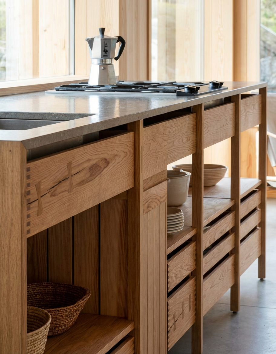 Cocina de madera con estantes abiertos y una estufa de gas con una cafetera de moka encima, luz natural entrando por una ventana.