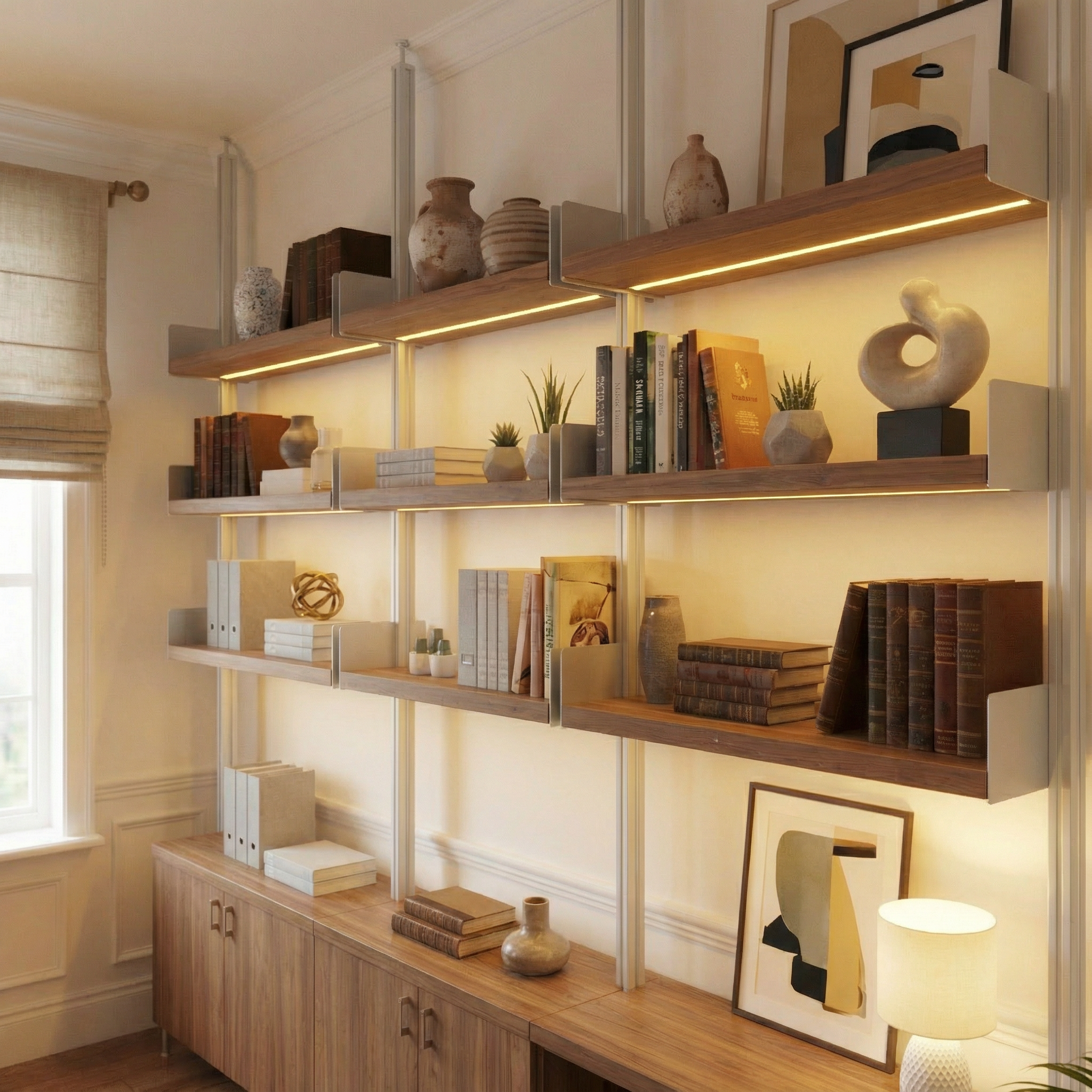 Librería a medida de suelo a techo diseñada para un proyecto de interiorismo contemporáneo con materiales honestos.