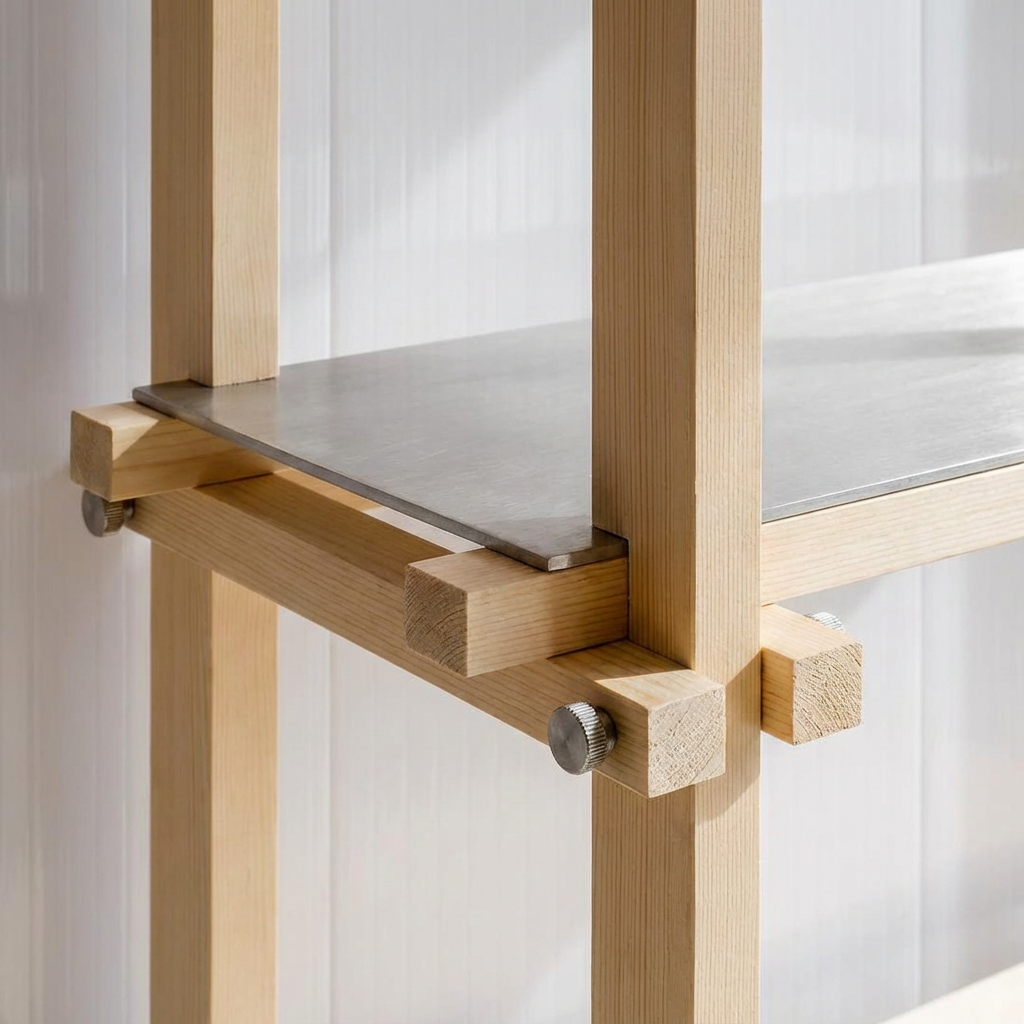 Detalle de una estantería de madera con una superficie de metal.