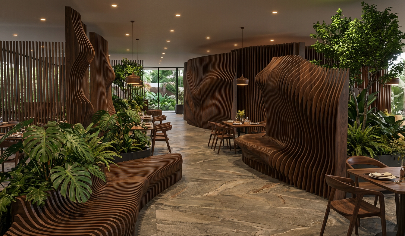 Interior de un restaurante con mobiliario de madera y muchas plantas verdes.