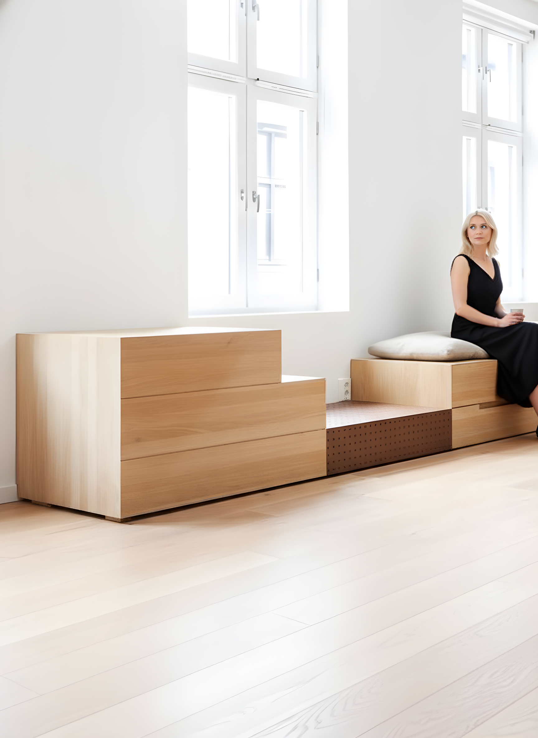 Mobiliario paramétrico de madera a medida integrado en vivienda con sistema modular adaptado al espacio