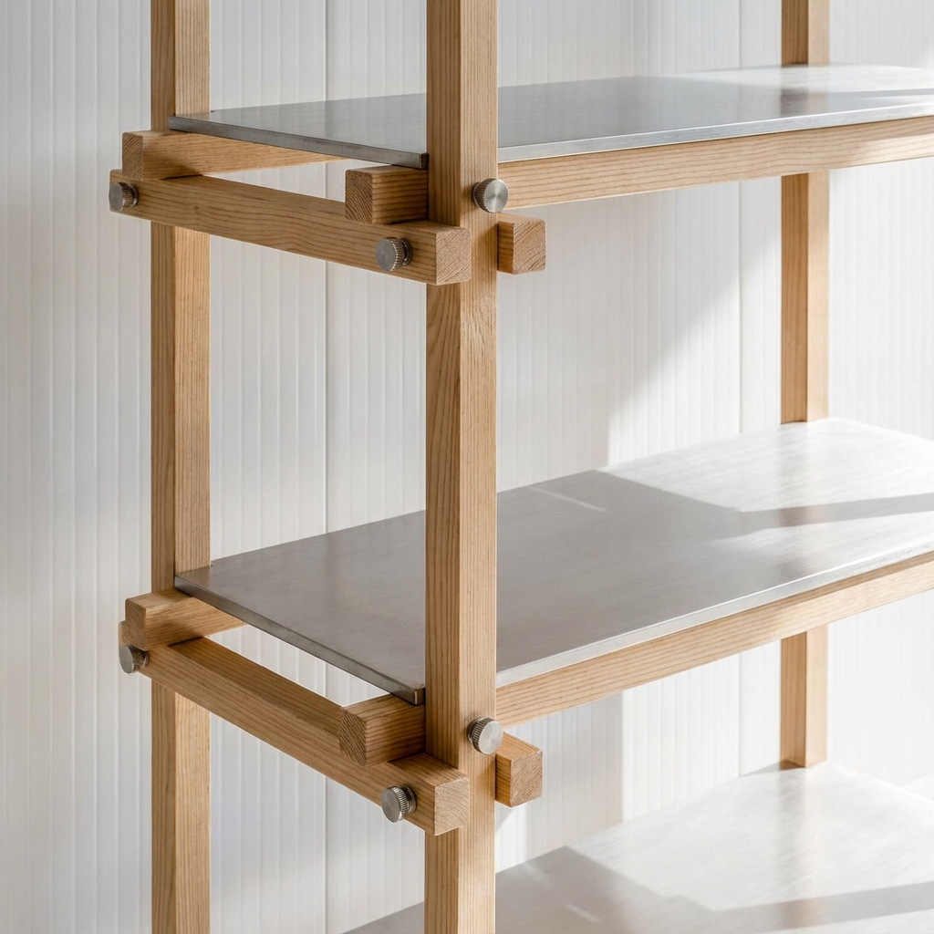 Estantería de madera con estantes de metal en un fondo de pared de paneles blancos.