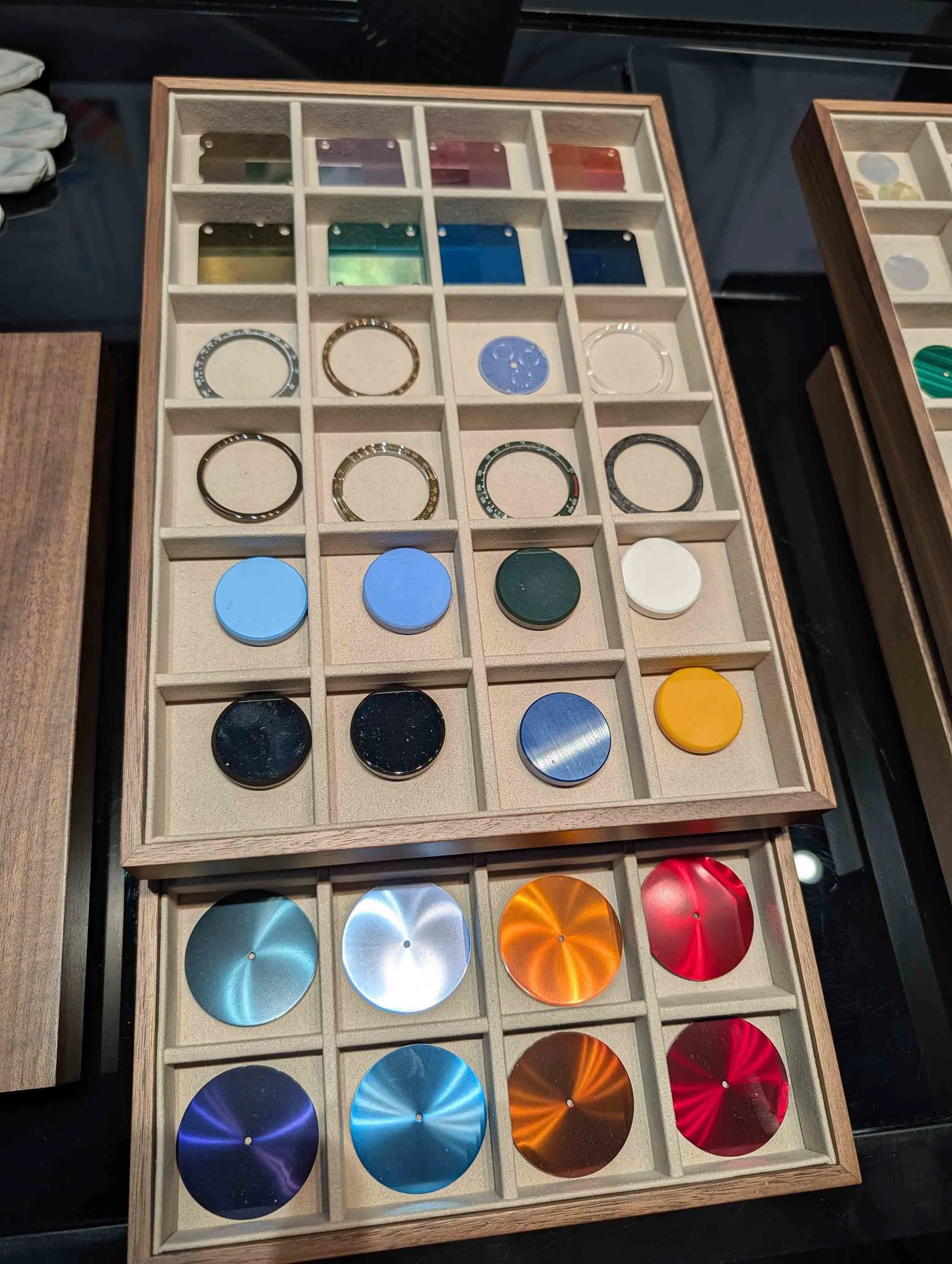 Vintage Rolex components on a watchmaker's bench at the Palm Beach Watch Club.