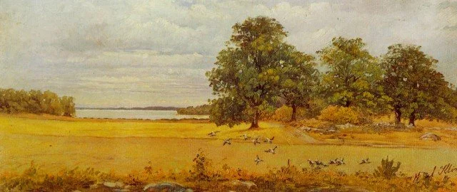 A landscape painting depicting a lake, a yellowish field, 5 large trees, and birds lifting off of the field