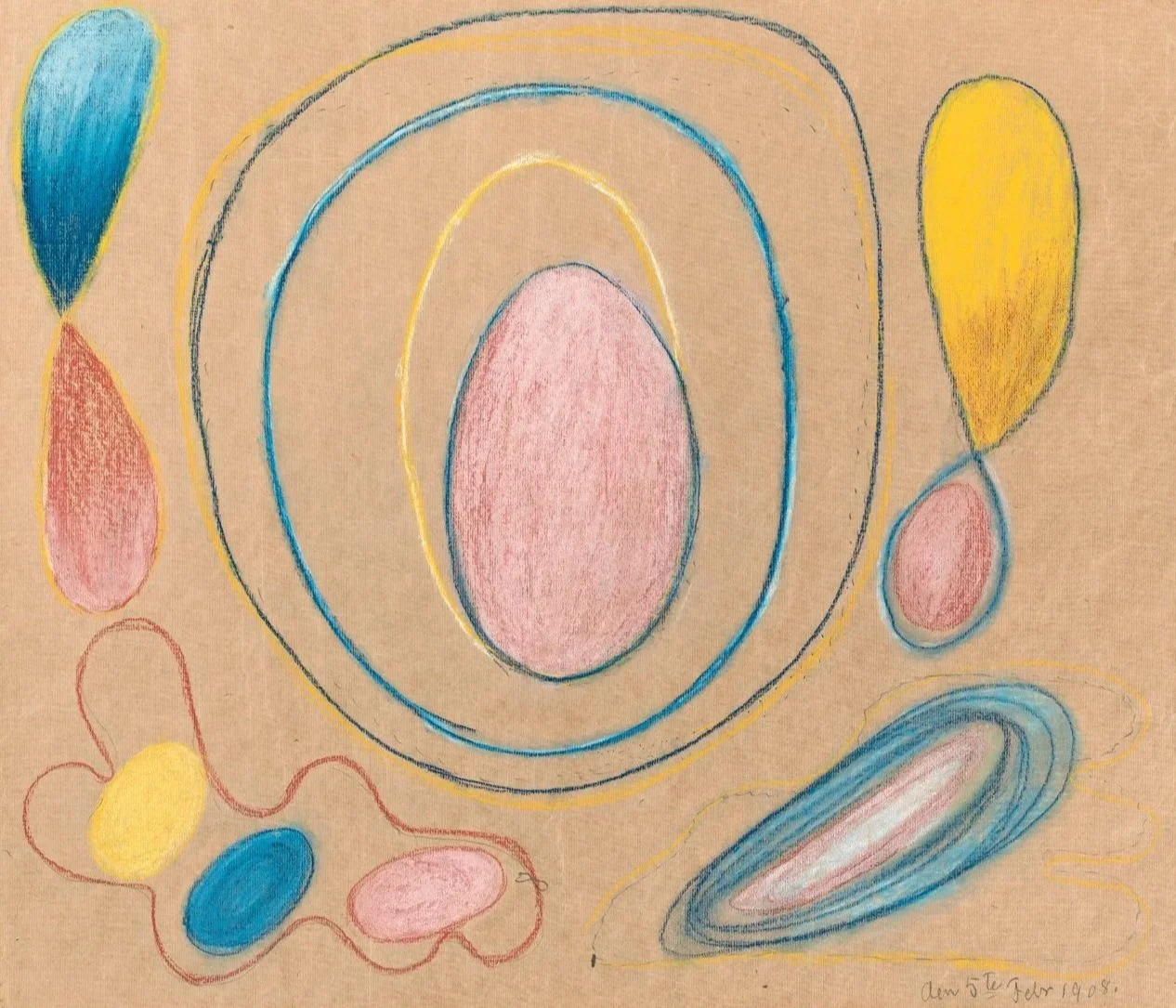 An automatic drawing with circles, ovals, and squiggly lines in blue, yellow, pink, and red