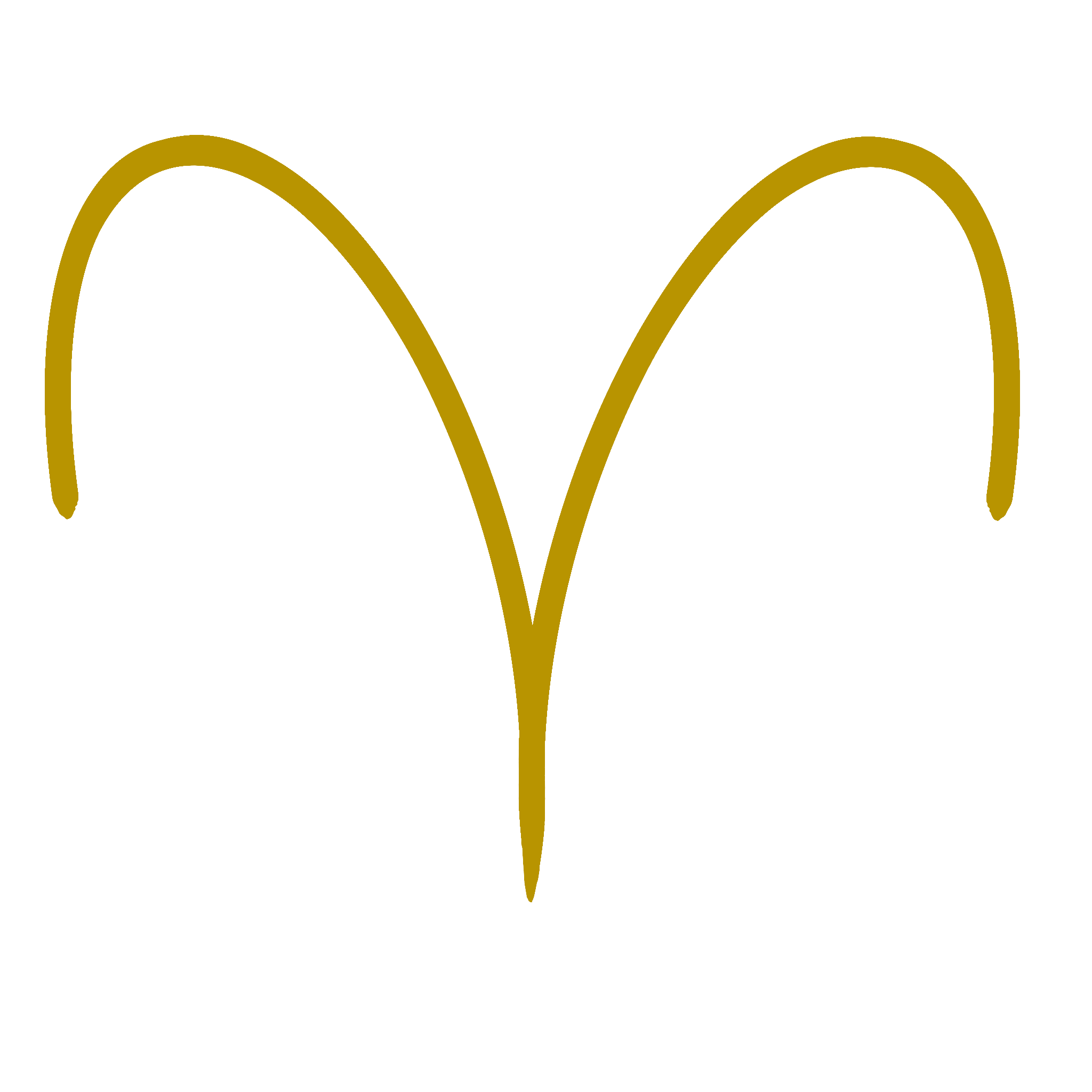 A golden symbol representing the Aries glyph used in astrology. An abstract line resembling a stylized depiction of a mountain or wave.