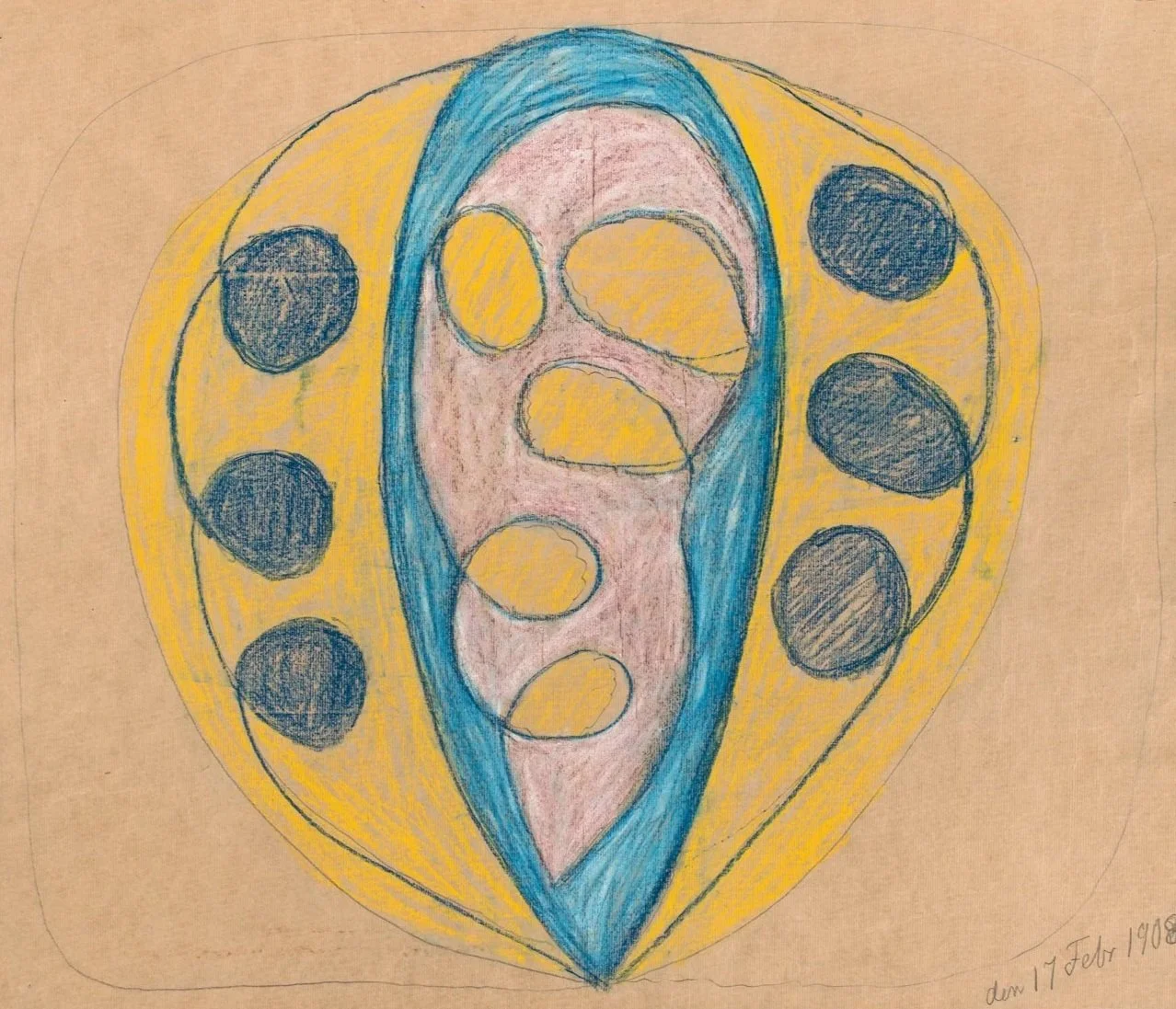 An automatic drawing with circles, ovals, and squiggly lines in blue, yellow, and pink