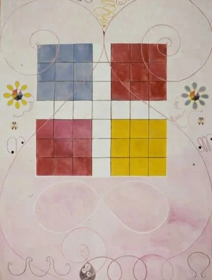 An abstract painting with a grid of squares, swirling lines, and flowers in vivid colors of blue, yellow, pink, and red