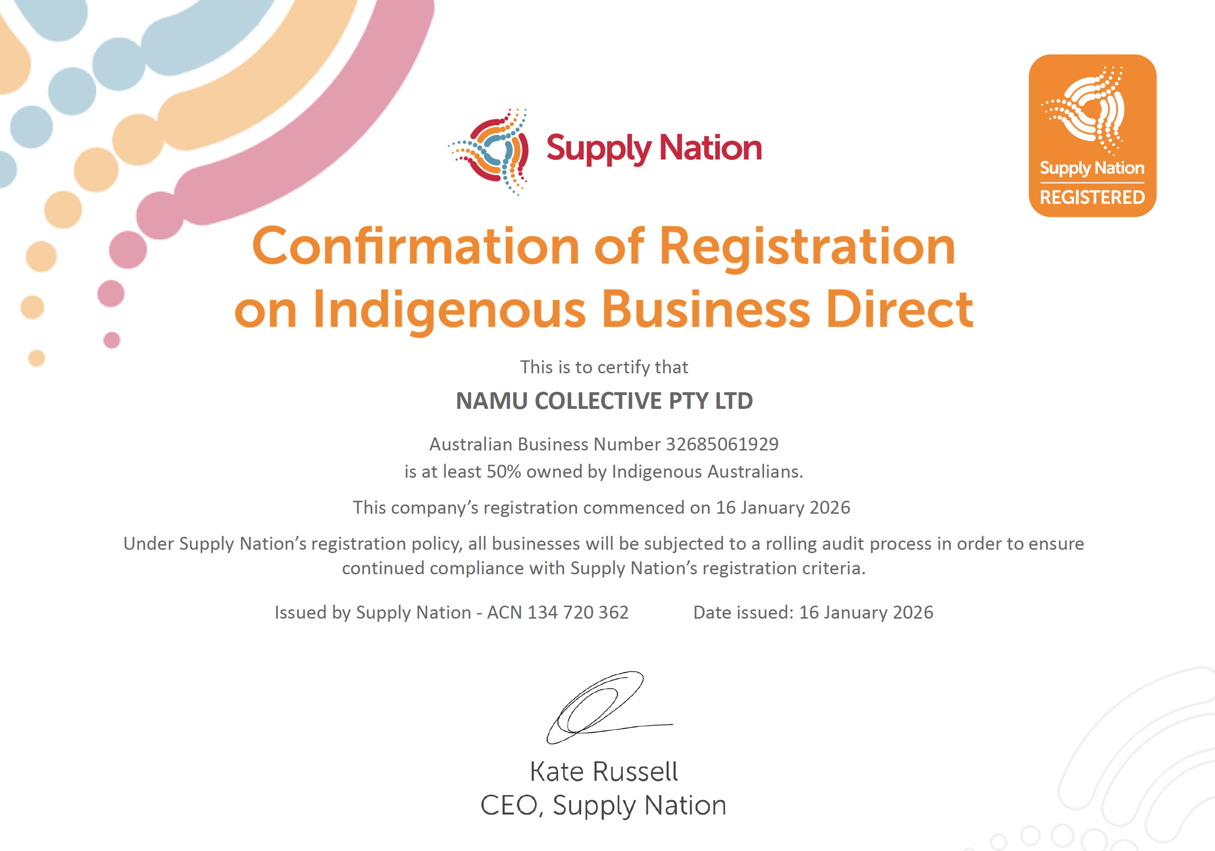 Namu Collective Proudly Announces Supply Nation Registration