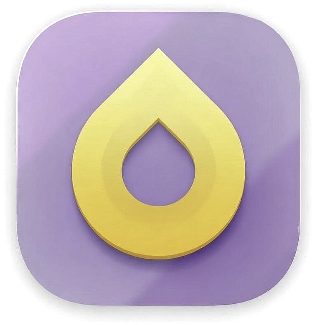 App icon with a purple rounded square background and a yellow teardrop shape with a hollow center.