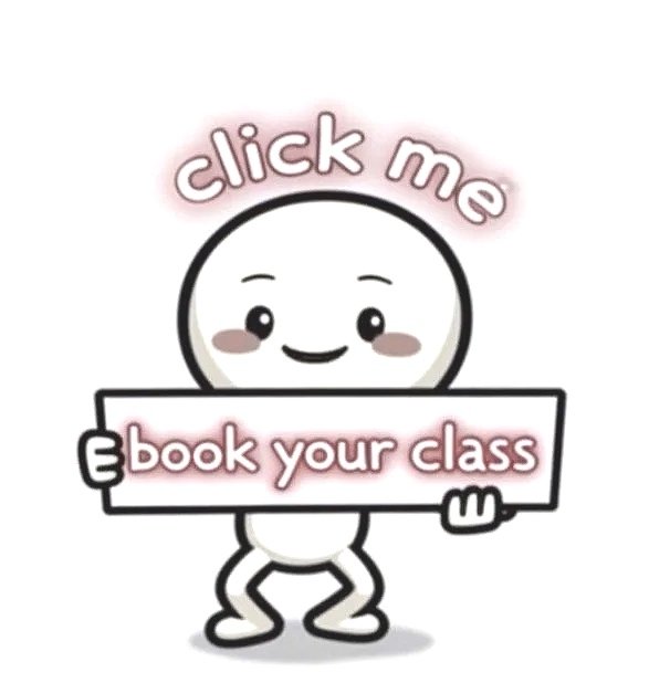 A cartoon character holding a sign that says 'book your class' with the words 'click me' above, smiling and winking.