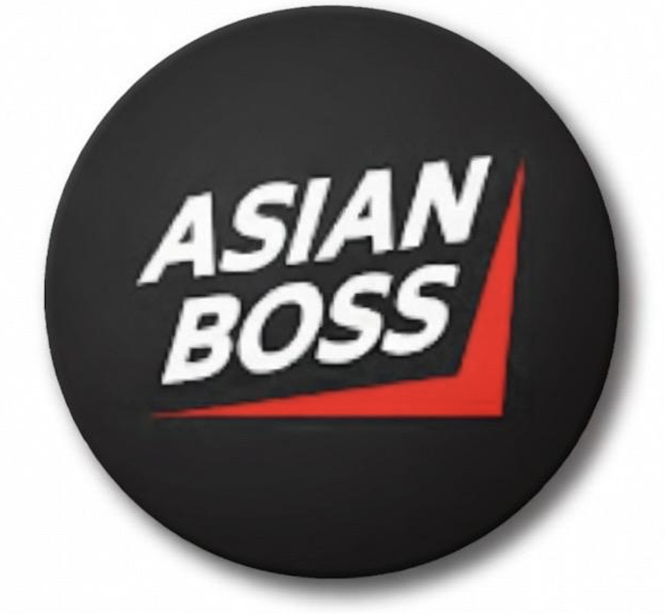A round button with the words 'Asian Boss' in white and a red geometric design on a black background.