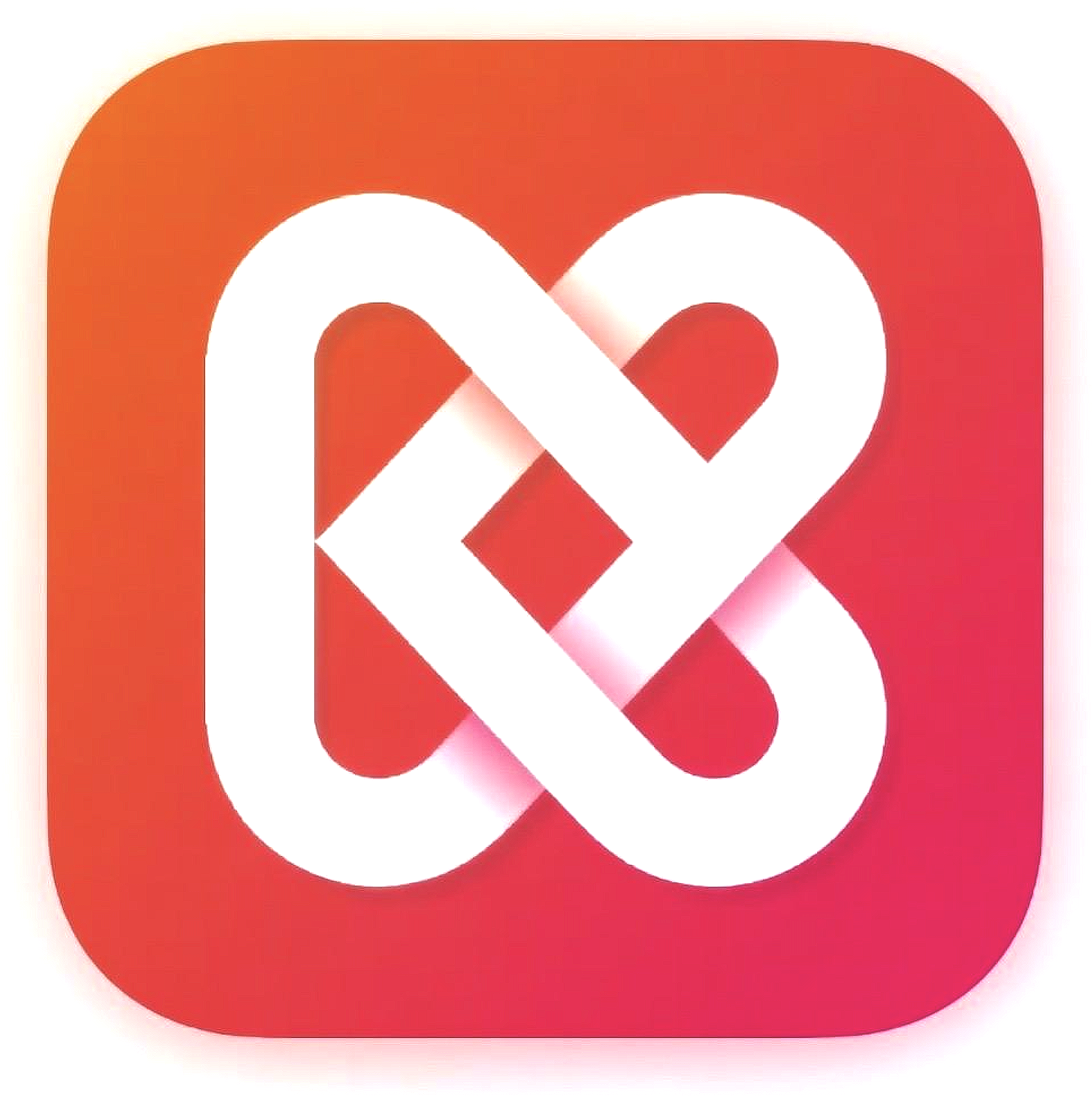 Instagram app icon with a white intertwined heart and diamond design on a red to pink gradient background.