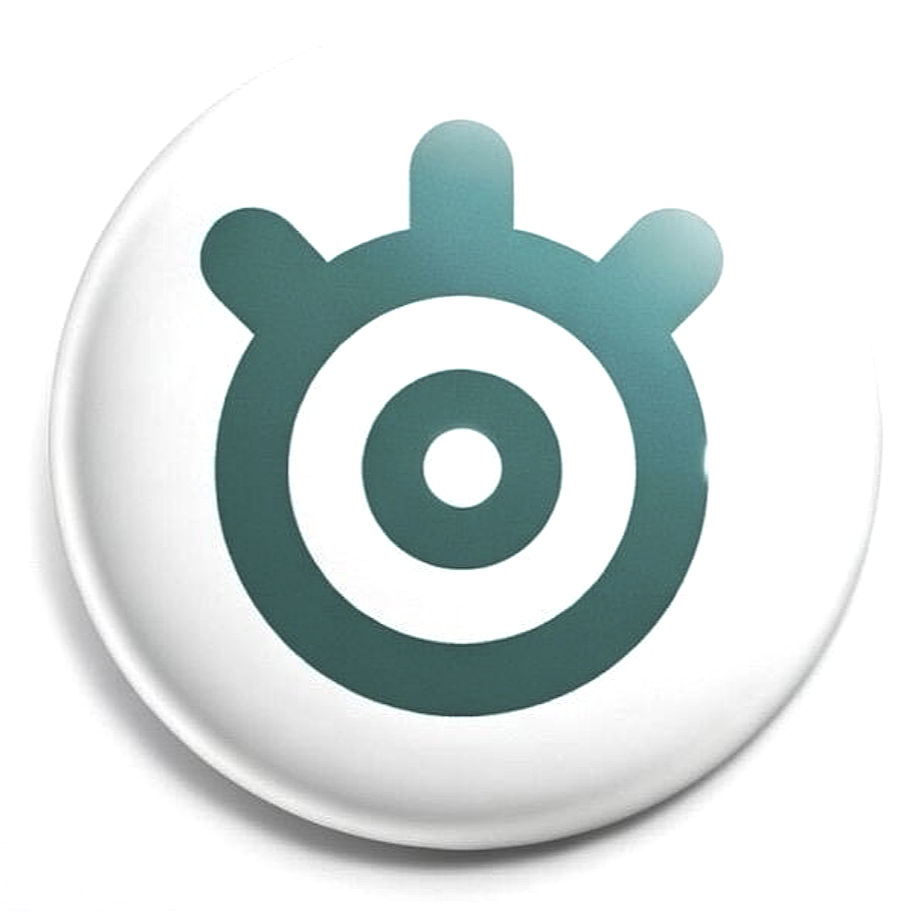 A round white button with a teal gear icon containing concentric circles and small protrusions around its perimeter.