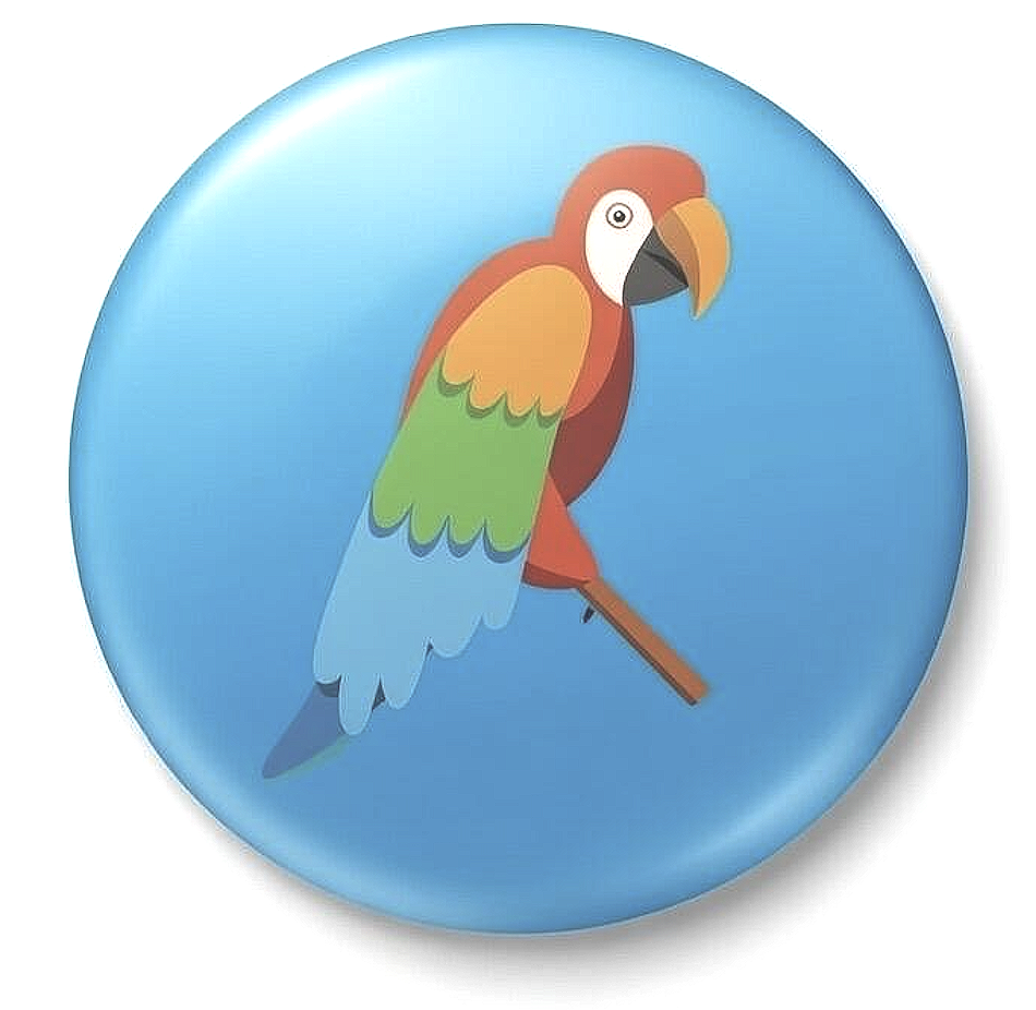 Illustration of a colorful parrot with green, blue, and orange feathers sitting on a branch against a blue circular background.