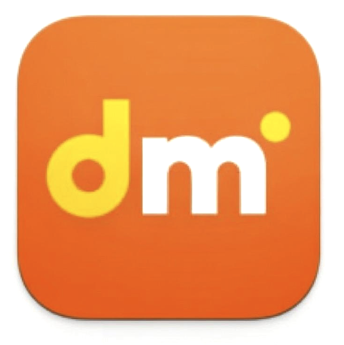 Orange app icon with the letters 'd.m' in yellow and white, featuring a yellow dot over the 'i'.