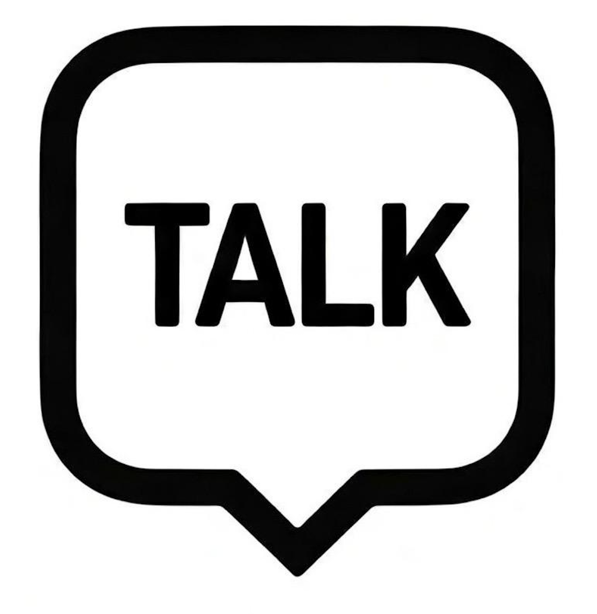 A black and white icon resembling a speech bubble with the word "TALK" inside.