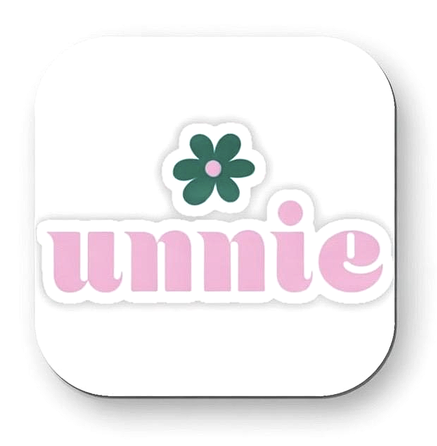 A white app icon with a pink lowercase 'umnie' label and a small pink and green flower above the text.