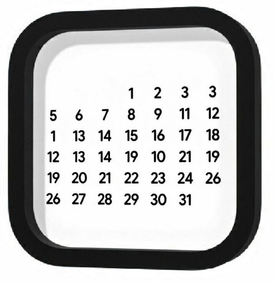 A calendar-style display with numbers 1 through 31 arranged in a grid, with a black border around the white background.