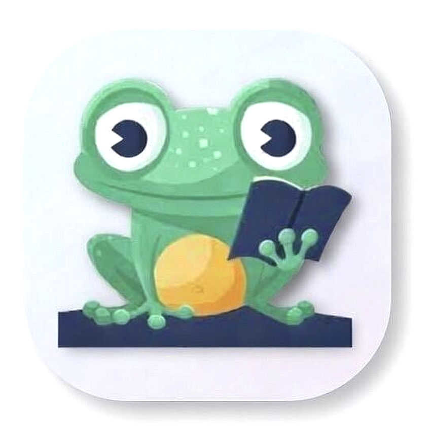 Illustration of a cartoon frog holding a blue book, with large eyes and a yellow belly, sitting on a white background.