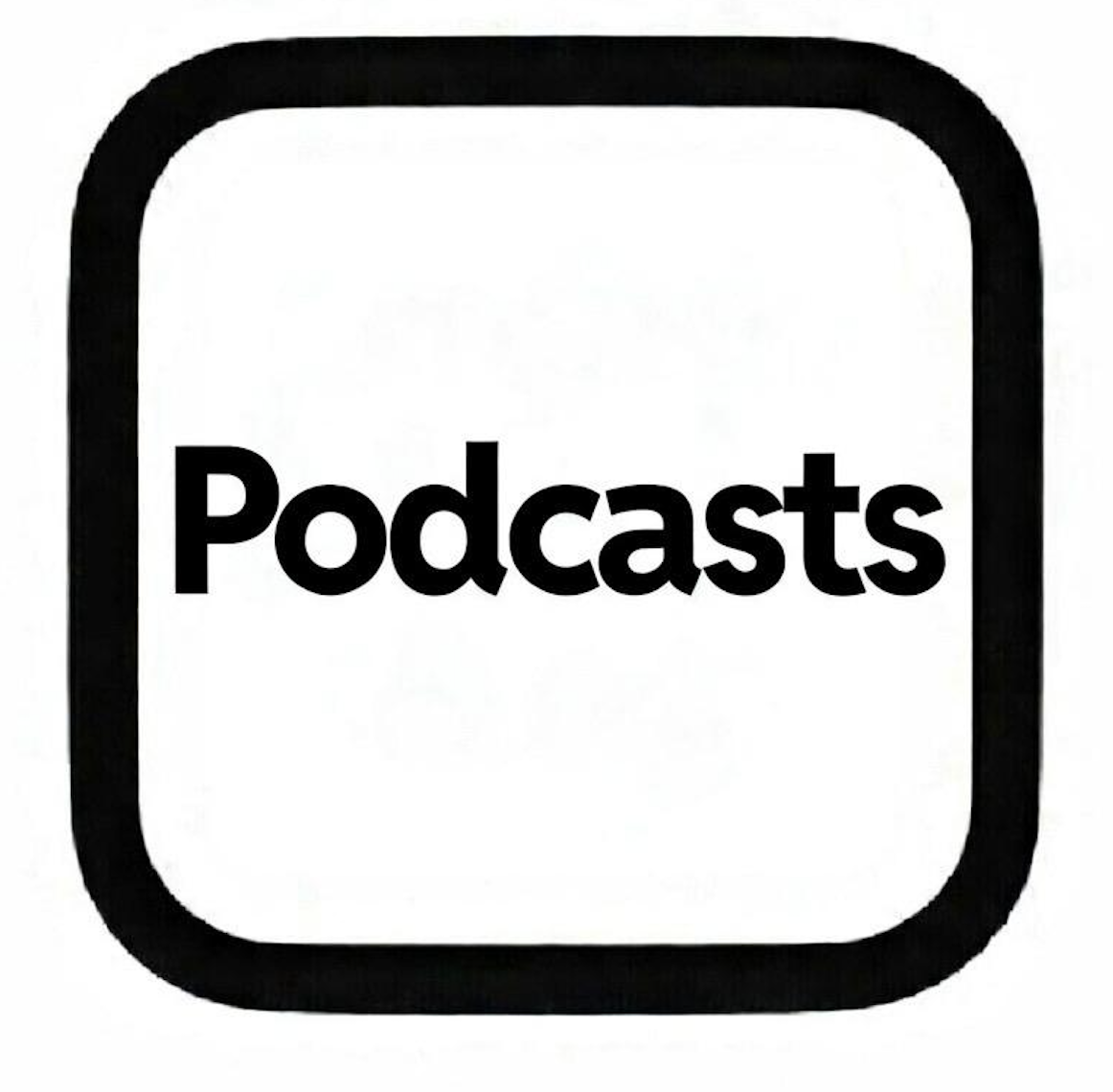 Icon with the word 'Podcasts' inside a black rounded square outline.