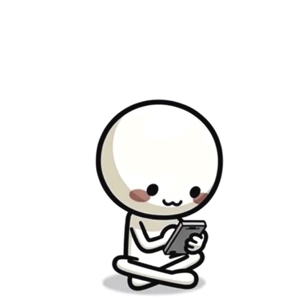 Cute cartoon character with a large round head, sitting cross-legged and looking at a smartphone.
