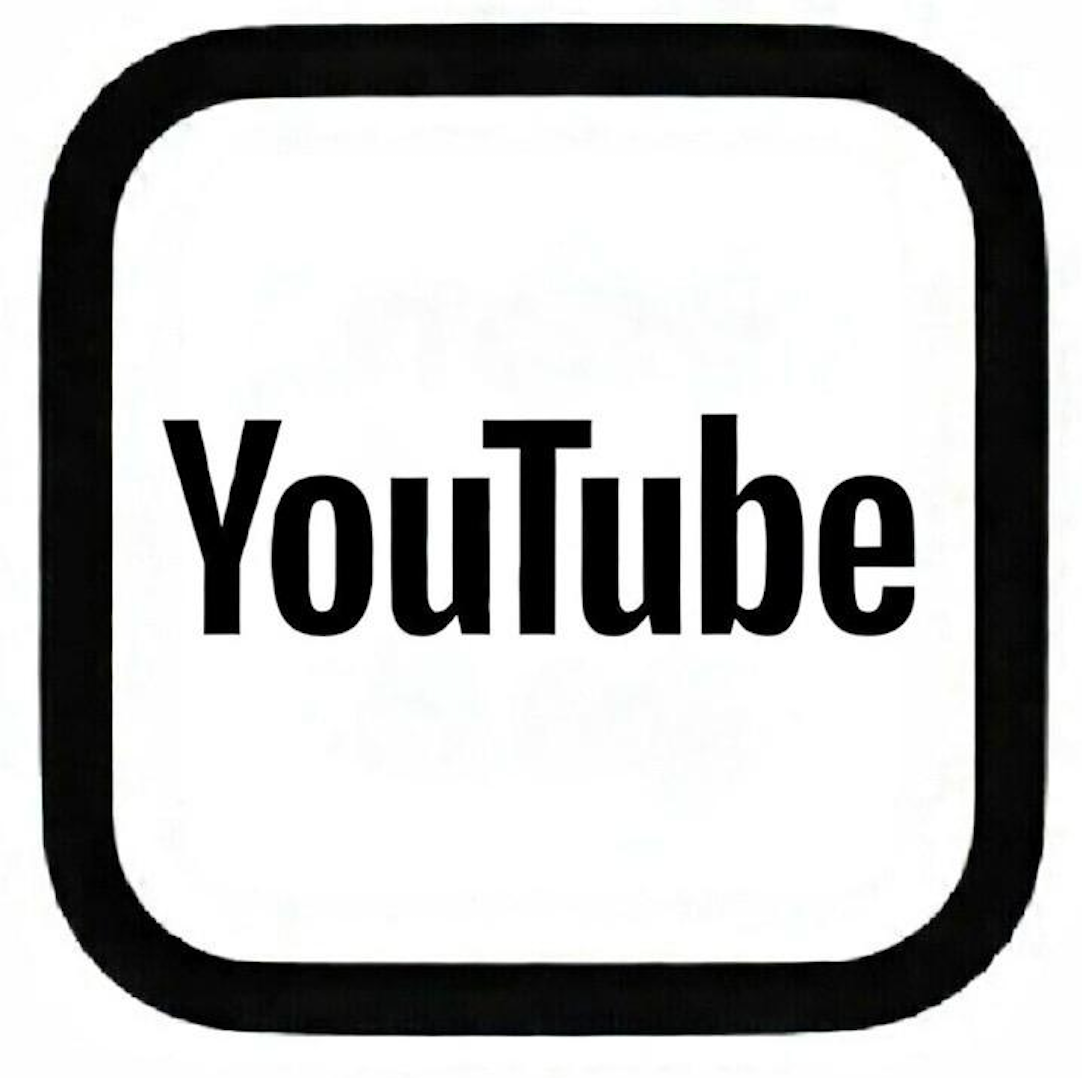 YouTube app icon with black border and white background featuring the word 'YouTube' in black text.