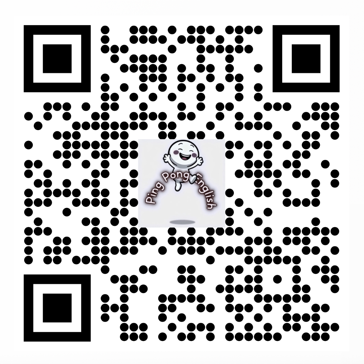 A QR code with a logo in the center featuring a happy ping pong ball character and the words "Ping Pong English".