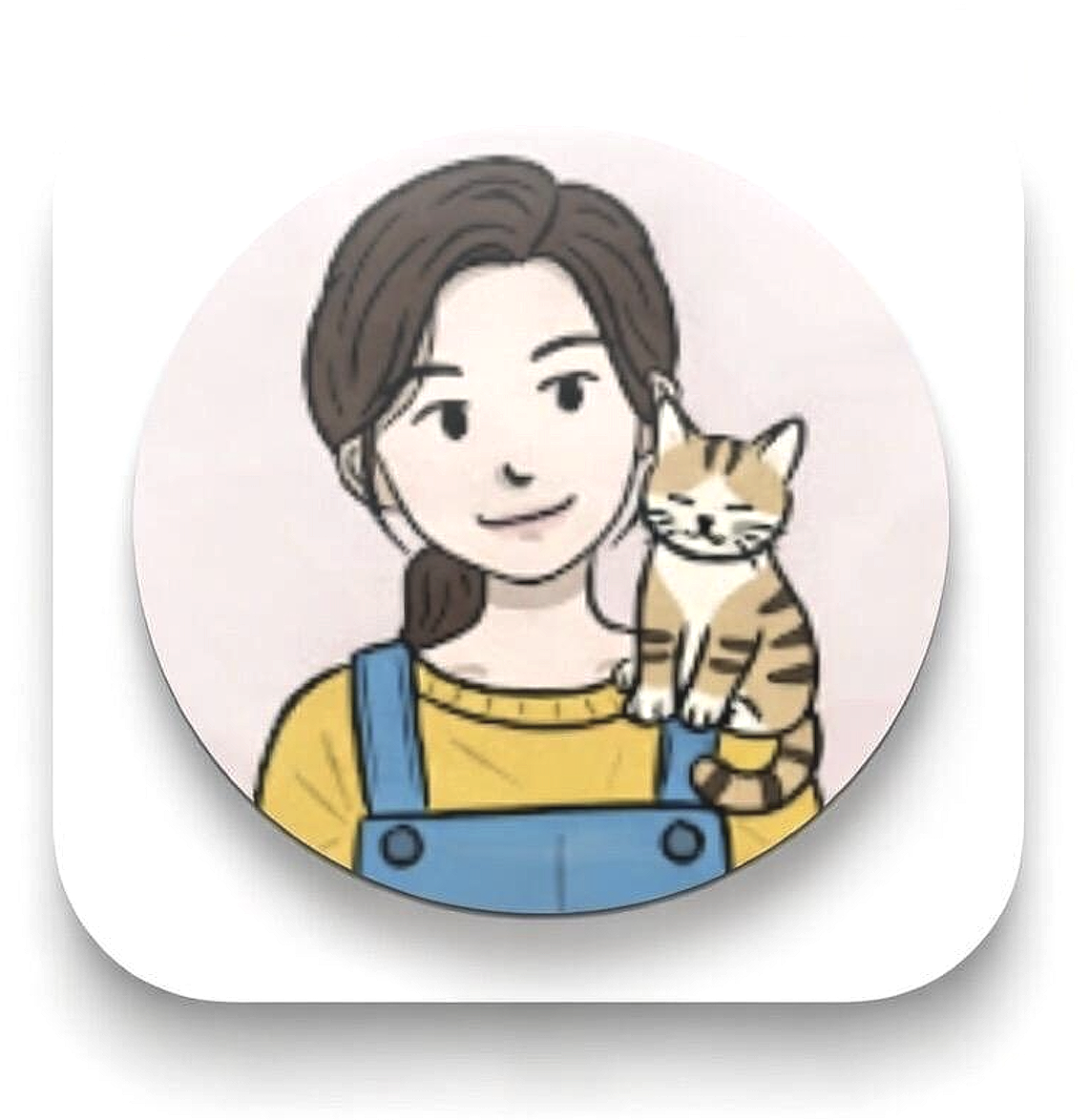 Cartoon of a woman with brown hair and a yellow shirt holding a brown striped cat.