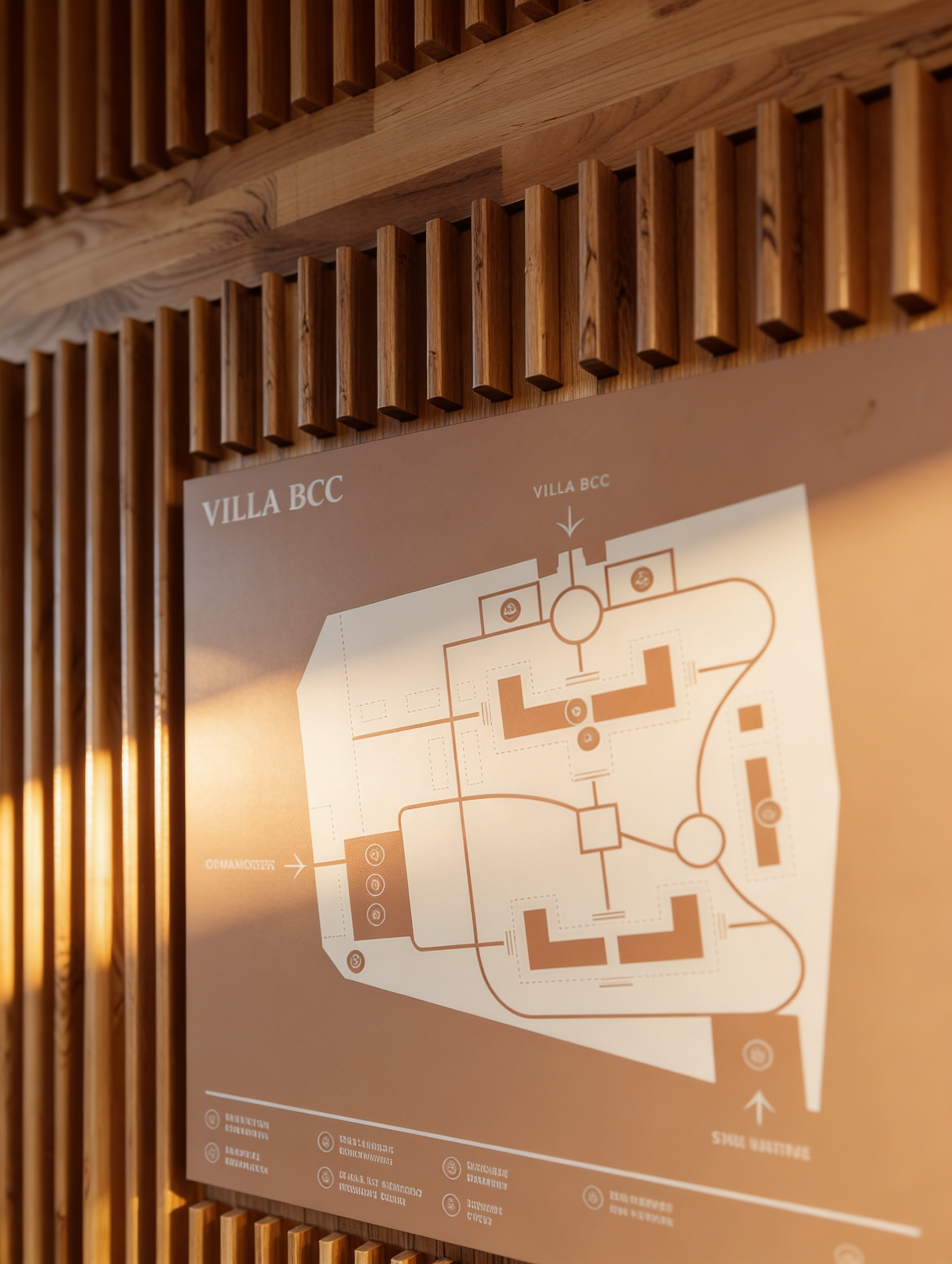 Planimetria di Villa BCC montata su parete in legno — orientamento e segnaletica spaziale Fabula Bureau