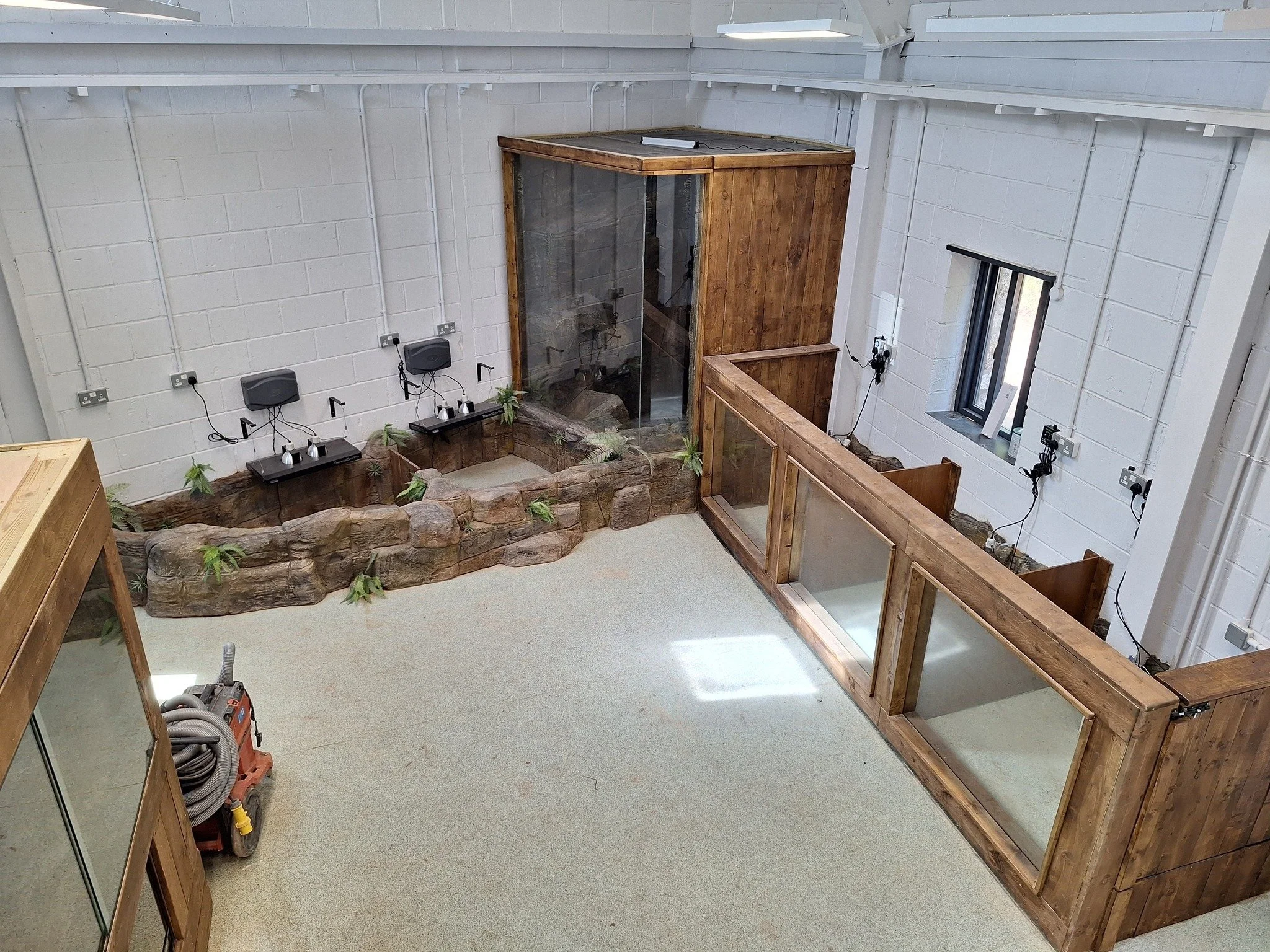 Indoor animal enclosure with rocky landscape, wooden and glass barriers, and multiple observation areas, possibly for reptiles or amphibians.