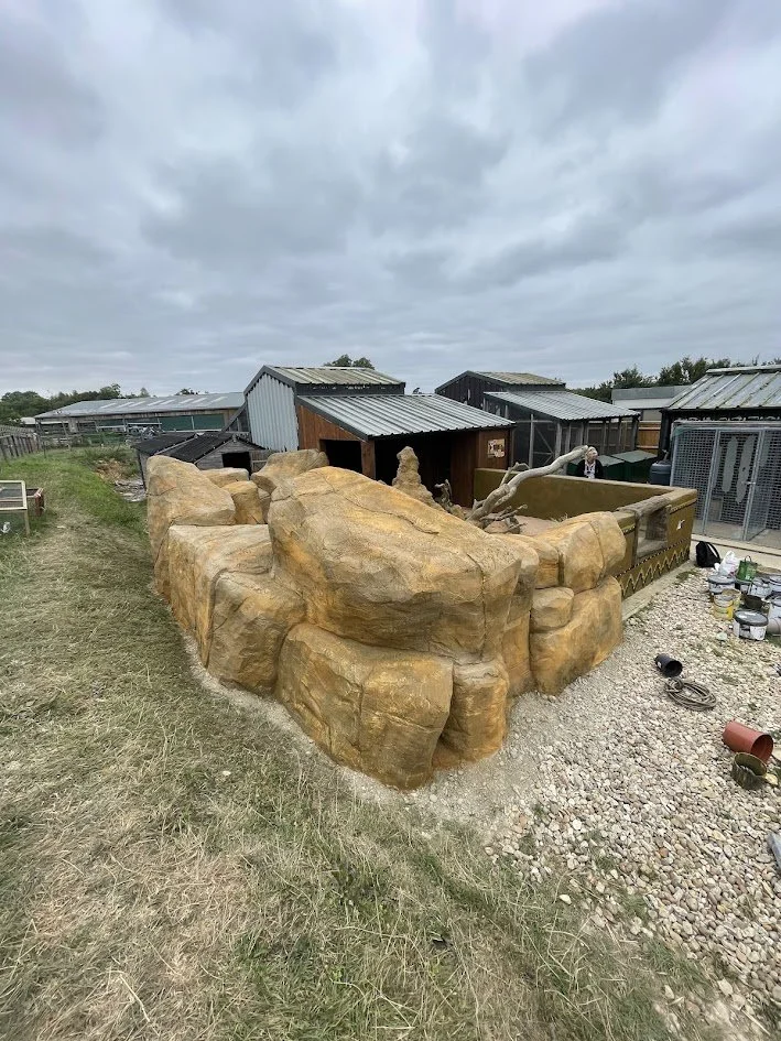 Artificial rock formation in front of a zoo enclosure with small buildings and cloudy sky in the background.