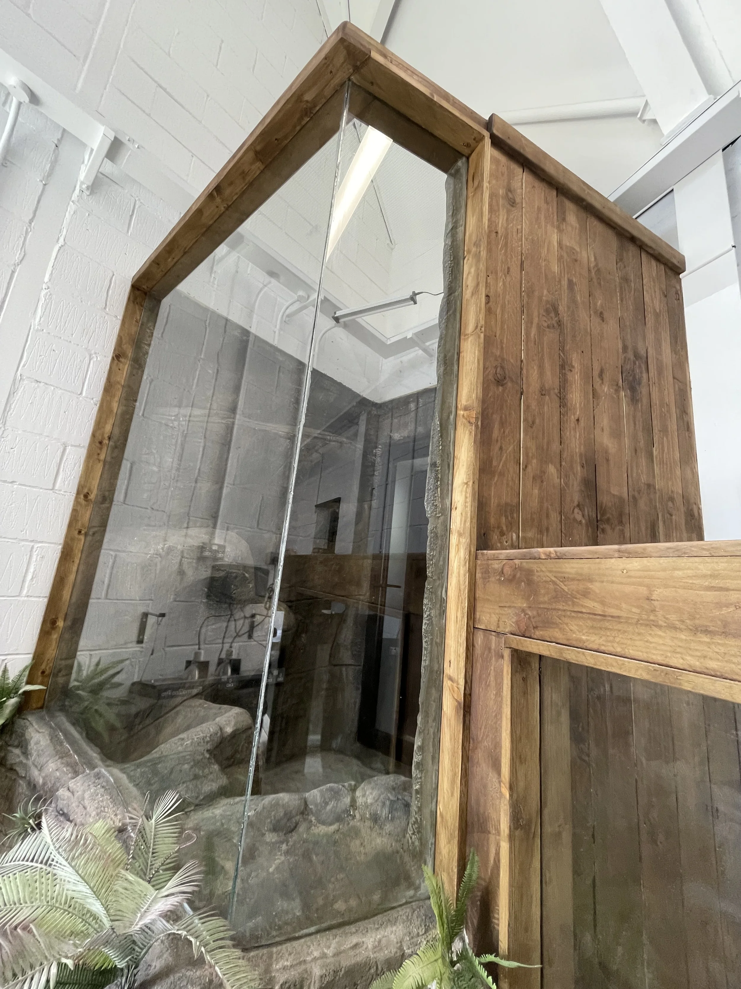 A glass shower enclosure with a wooden frame, built around natural rocks, in a modern bathroom with white brick walls and green plants nearby.
