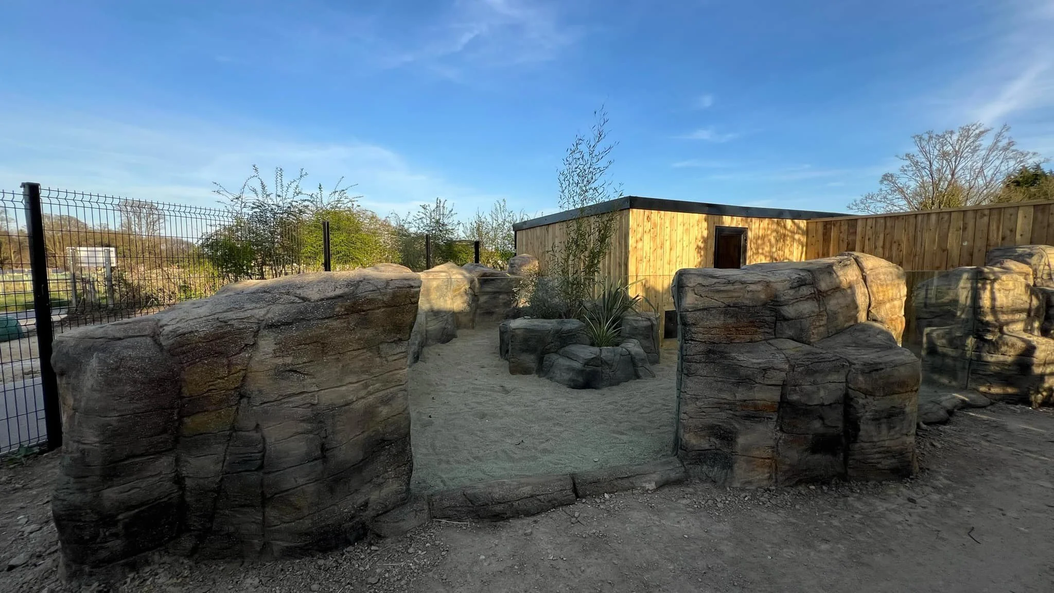 A landscaped outdoor area with large rocks and desert plants, surrounded by a metal fence and wooden structures under a clear blue sky.