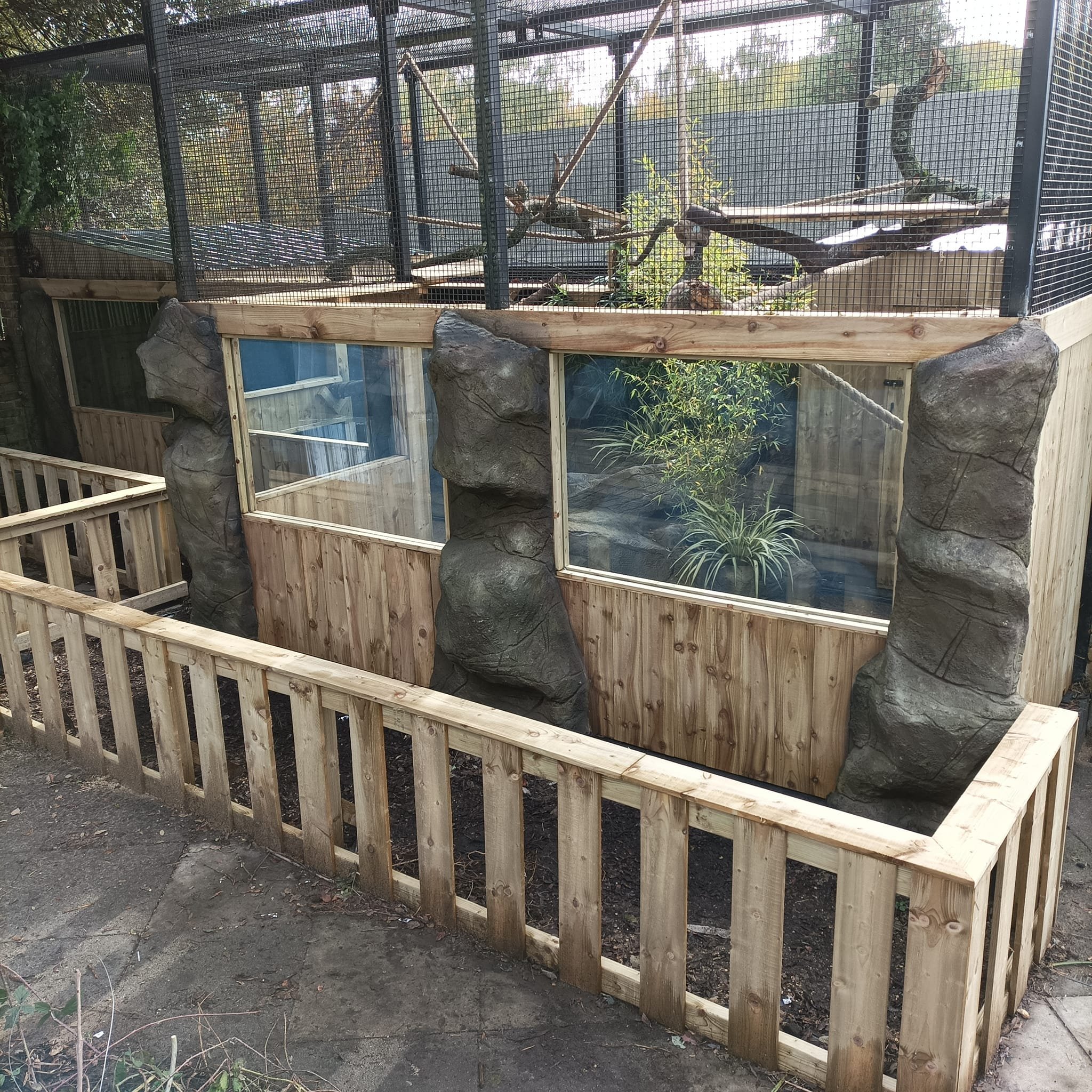 A multi-level animal enclosure with a lower wooden fenced section and an upper mesh area. The lower section has log rock accents and large glass panels with plants inside.