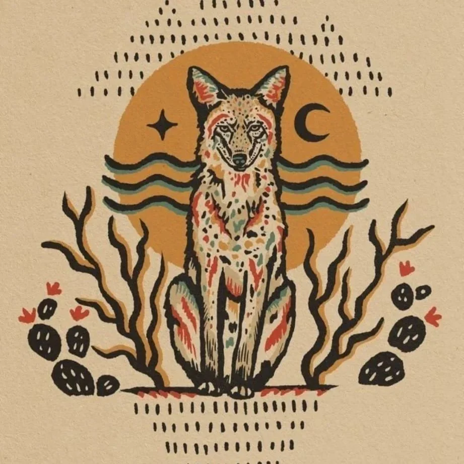 A stylized illustration of a coyote sitting in front of a moon, with water waves, stars, the letter C, and abstract plants.