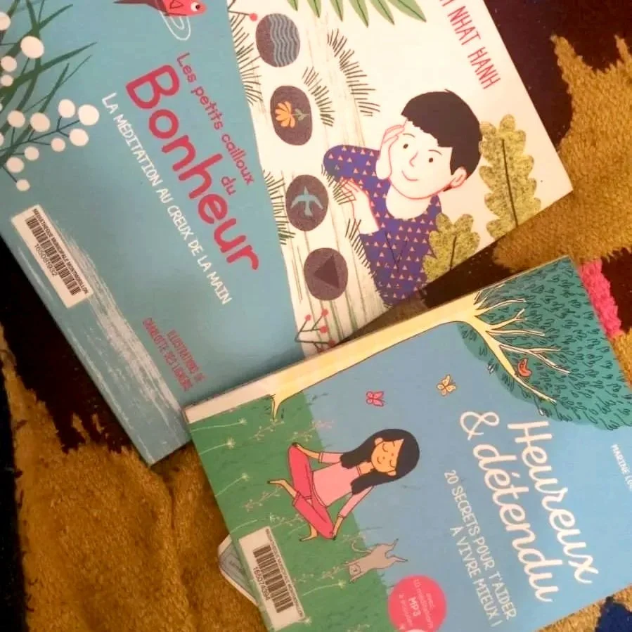 Two children's books, one titled "Bonheur" with a blue cover featuring a boy and rocks, the other titled "Heureux & Débordé" with a blue cover showing a girl meditating under a tree, are on a yellow and brown patterned rug.