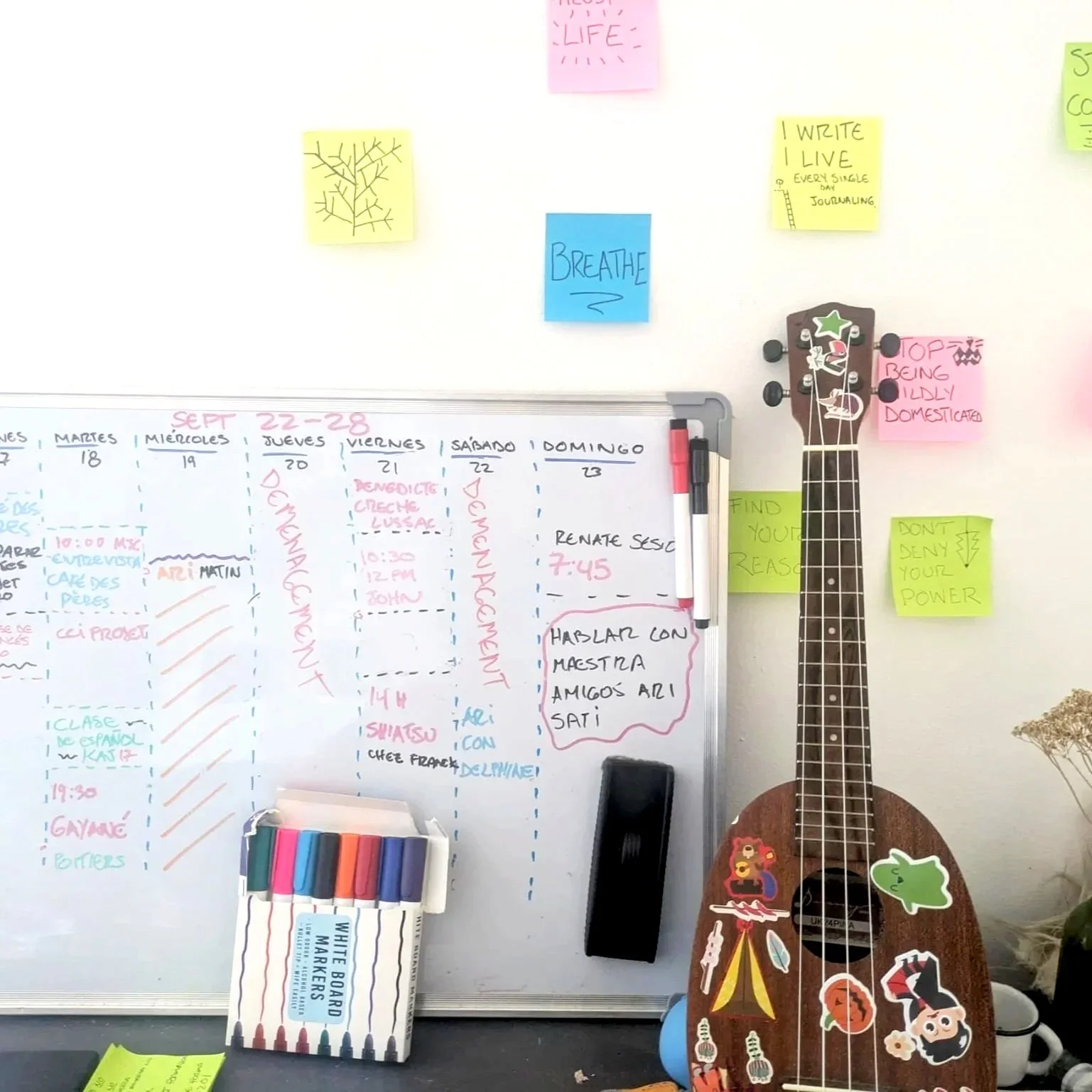 A whiteboard with a weekly schedule, colorful sticky notes with motivational messages, a ukulele with stickers, and a container of whiteboard markers.