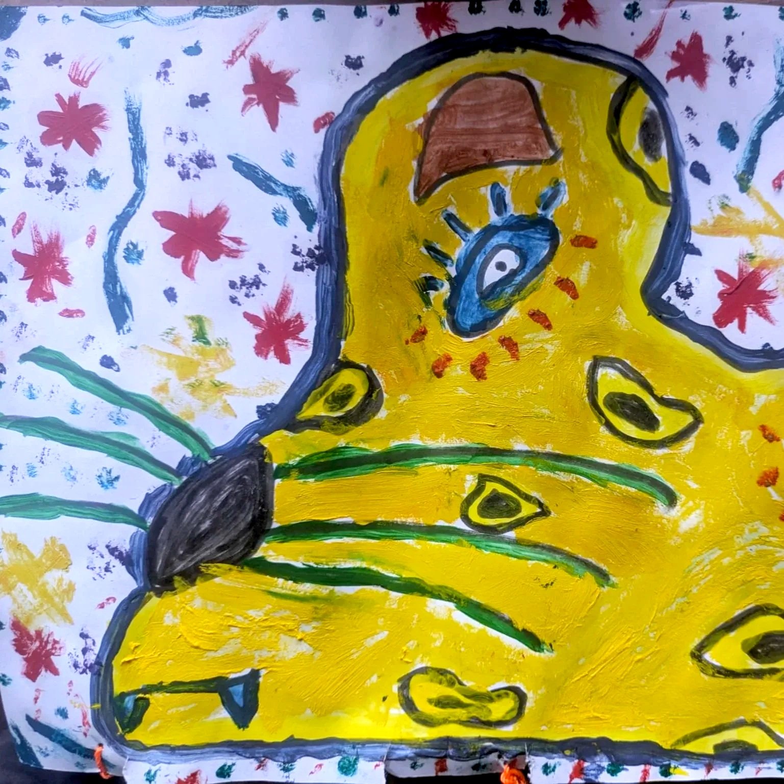 Colorful children's drawing of SpongeBob SquarePants with a yellow body, big eyes, and a square shape, surrounded by abstract shapes and colored stars.