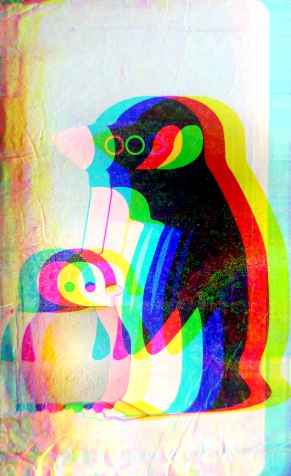 Colorful, layered digital illustration of a bird sitting on a small robot with three circular features, against a textured background.